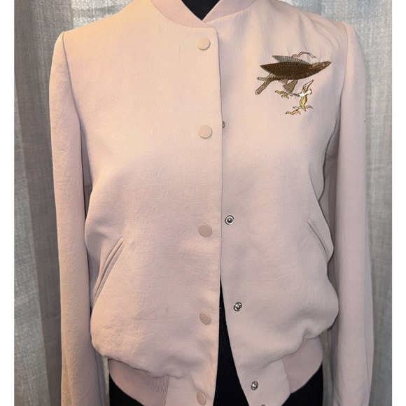 ARITZIA Wilfred Women’s XS Poussin Snap Bomber Jacket Embroidered Birds Blush - Picture 4 of 12